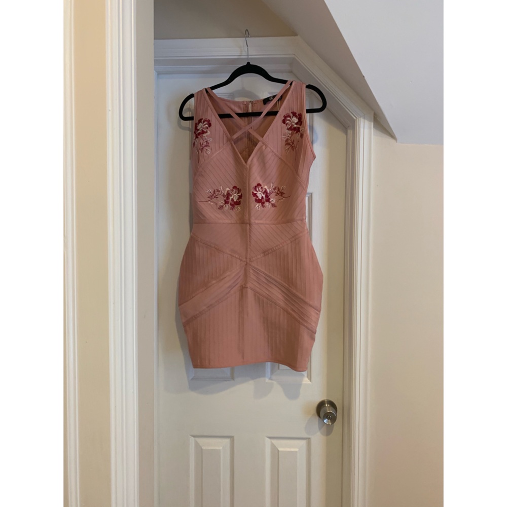 Blush Pink Bandage Dress w/ Flower Embroidery